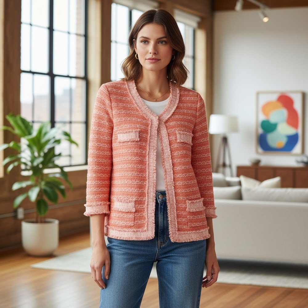 RQT Jacket Blazer Coral Fringe Knit Coastal Cottage Boho Indie Office Siren Sz M
